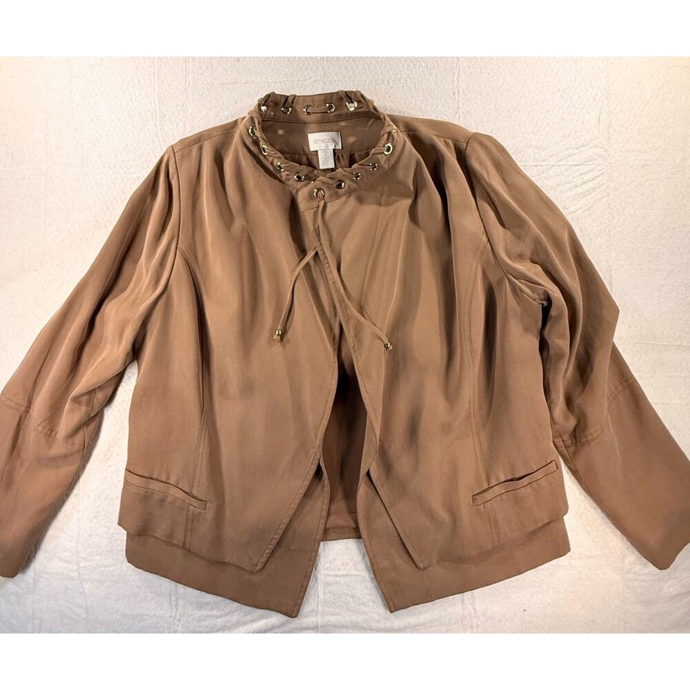 Chicos Jacket Women Size 2 Open Front Laced Collar Grommet Butterscotch Brown